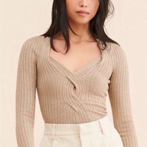 ASTR the Label  Taupe Ribbed Twist-Front Knit Sweater